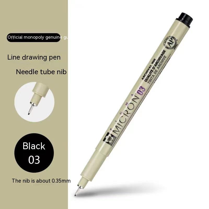 Micron drawing pen with specifications on a beige background