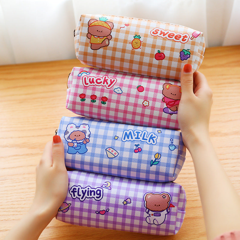 Kawaii Bear Plaid Waterproof Pencil Case - Storage Bag
