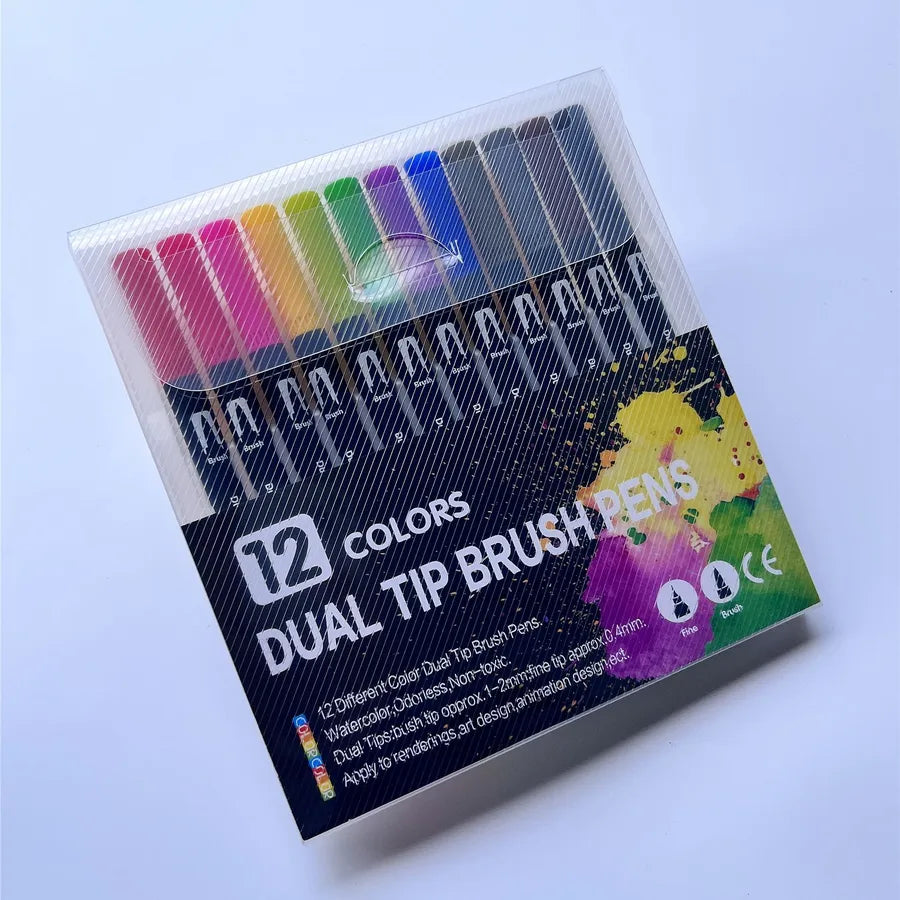 12 Dual tip brush tip pens in clear packaging
