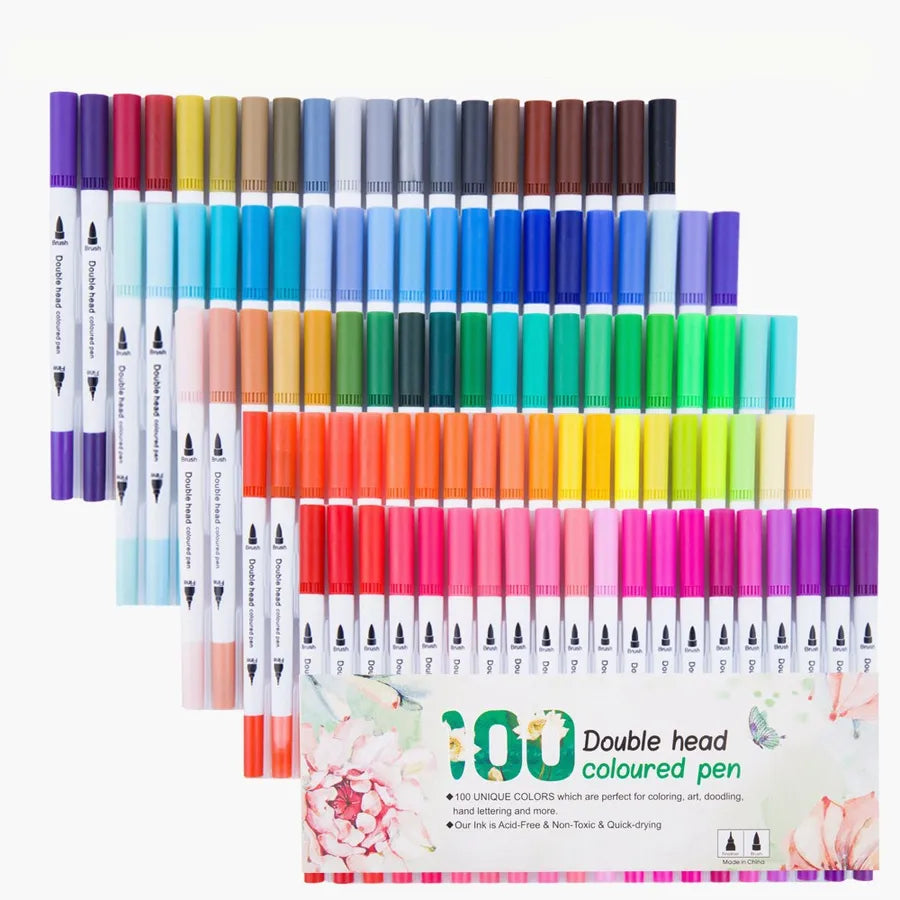 "Kawaii 100 color dual tip watercolor brush pens in organized storage case with soft and fine line tips"