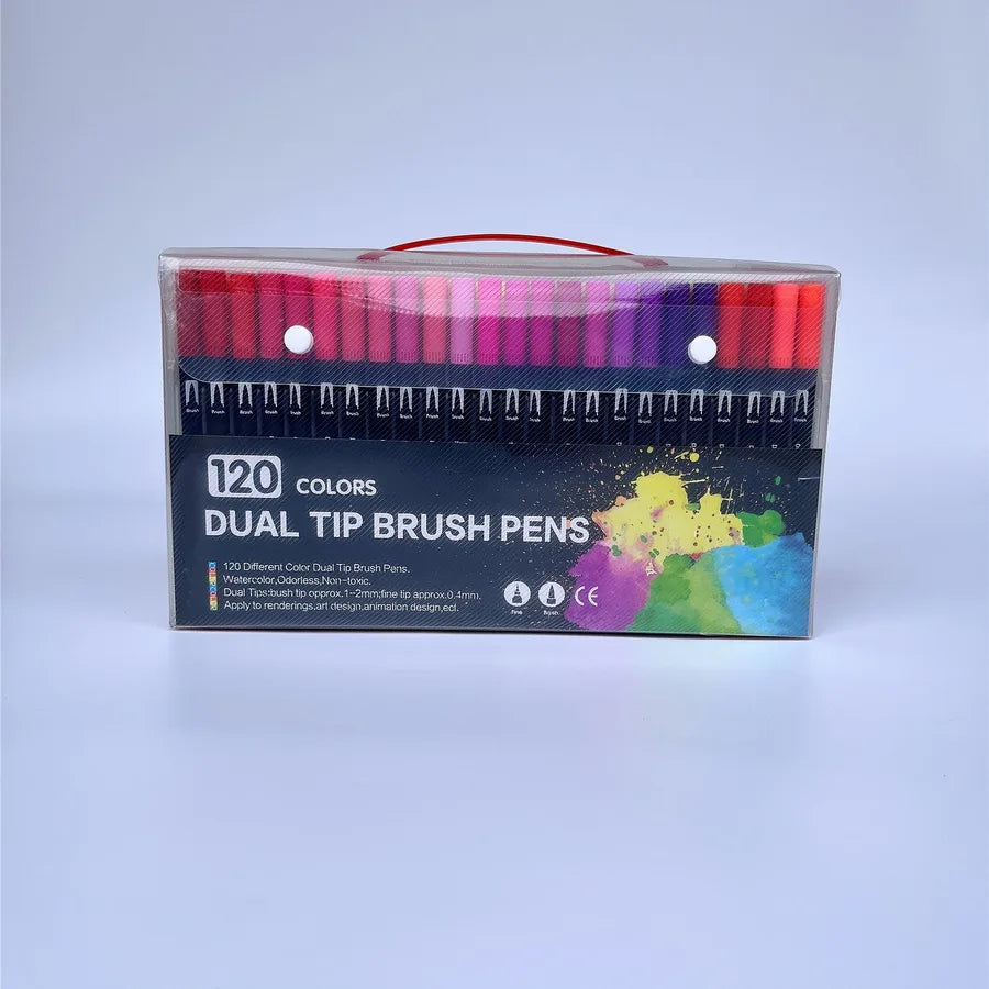 120 dual tip brush pens in clear packaging