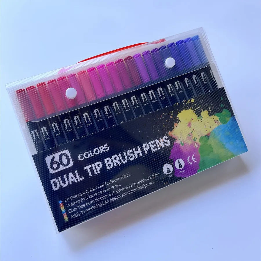 60 dual tip brush pens in clear packaging
