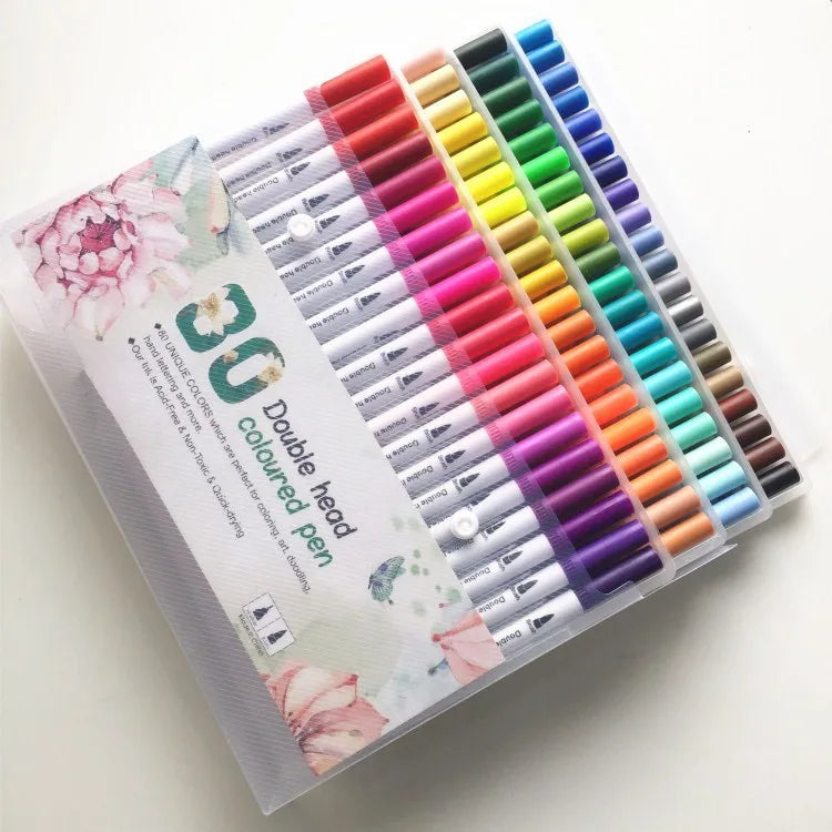 "80 color double headed watercolor brush pen set in cute kawaii packaging with floral design"