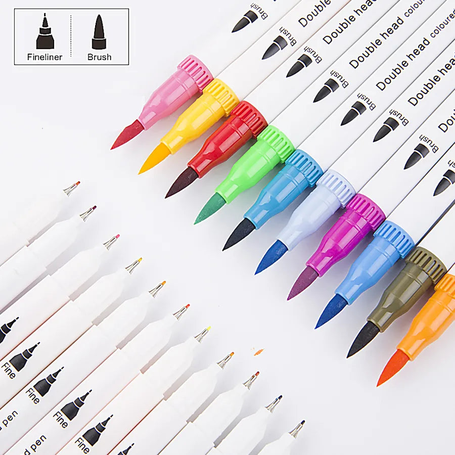 "Colorful dual tip watercolor pens showing fineliner and brush tip options with vibrant color caps"