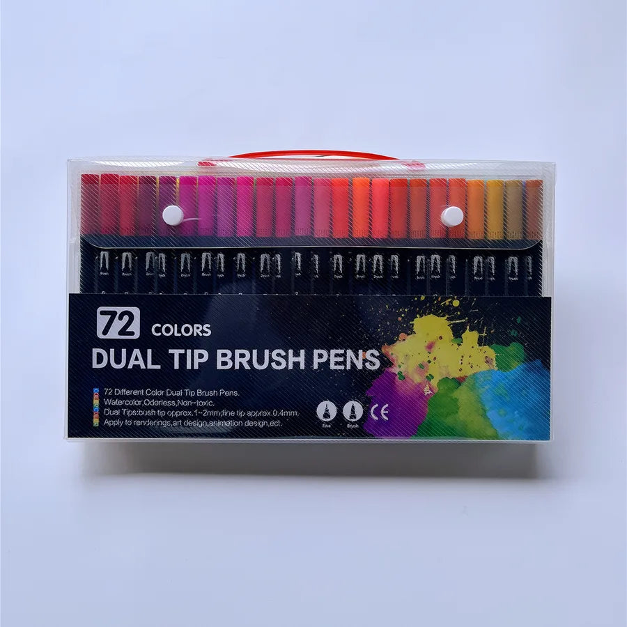 "72 color dual tip brush pens in clear storage case with rainbow arrangement and modern black packaging"