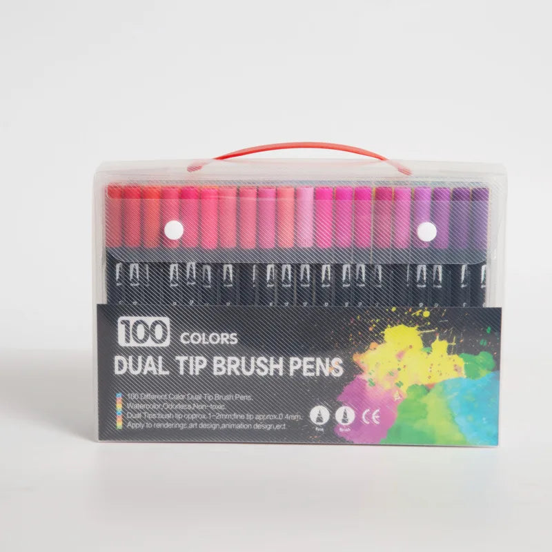 100 dual tip brush pens in clear packaging
