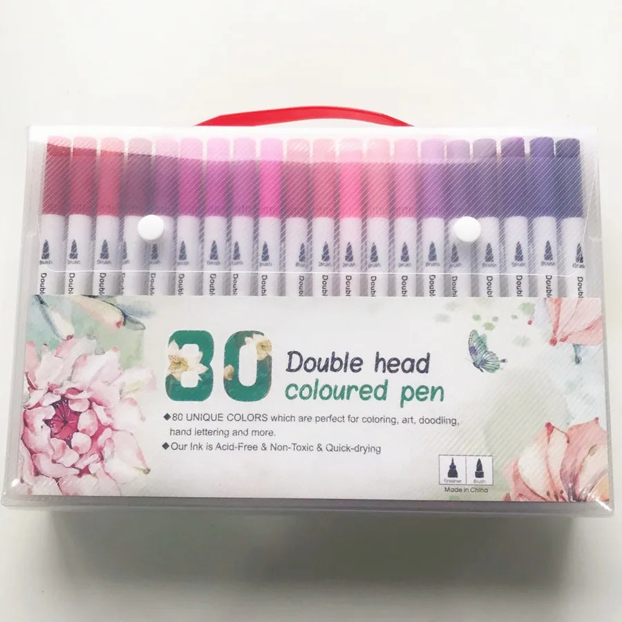 "80 color double headed watercolor pen set in portable case with handle and floral kawaii packaging"